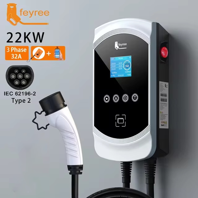 EV-Ladegerät Elektrofahrzeug-Autoladegerät EVSE Wallbox 22 kW 32A 3 Phasen Typ2-Kabel IEC62196-2 Steckdose APP-Steuerung