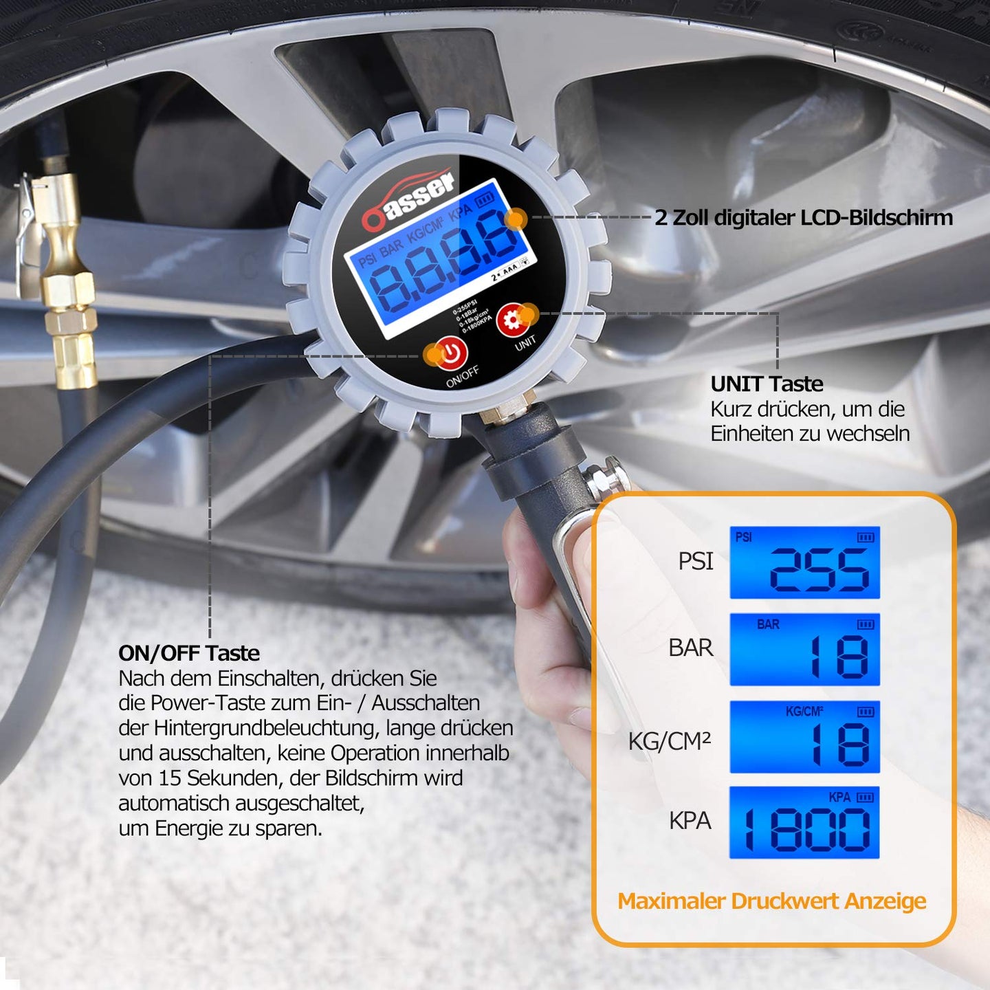 Digitaler Reifendruckmesser Reifenfüller 255 PSI Reifendruckmesser Digitaler Reifendruckprüfer für Auto...