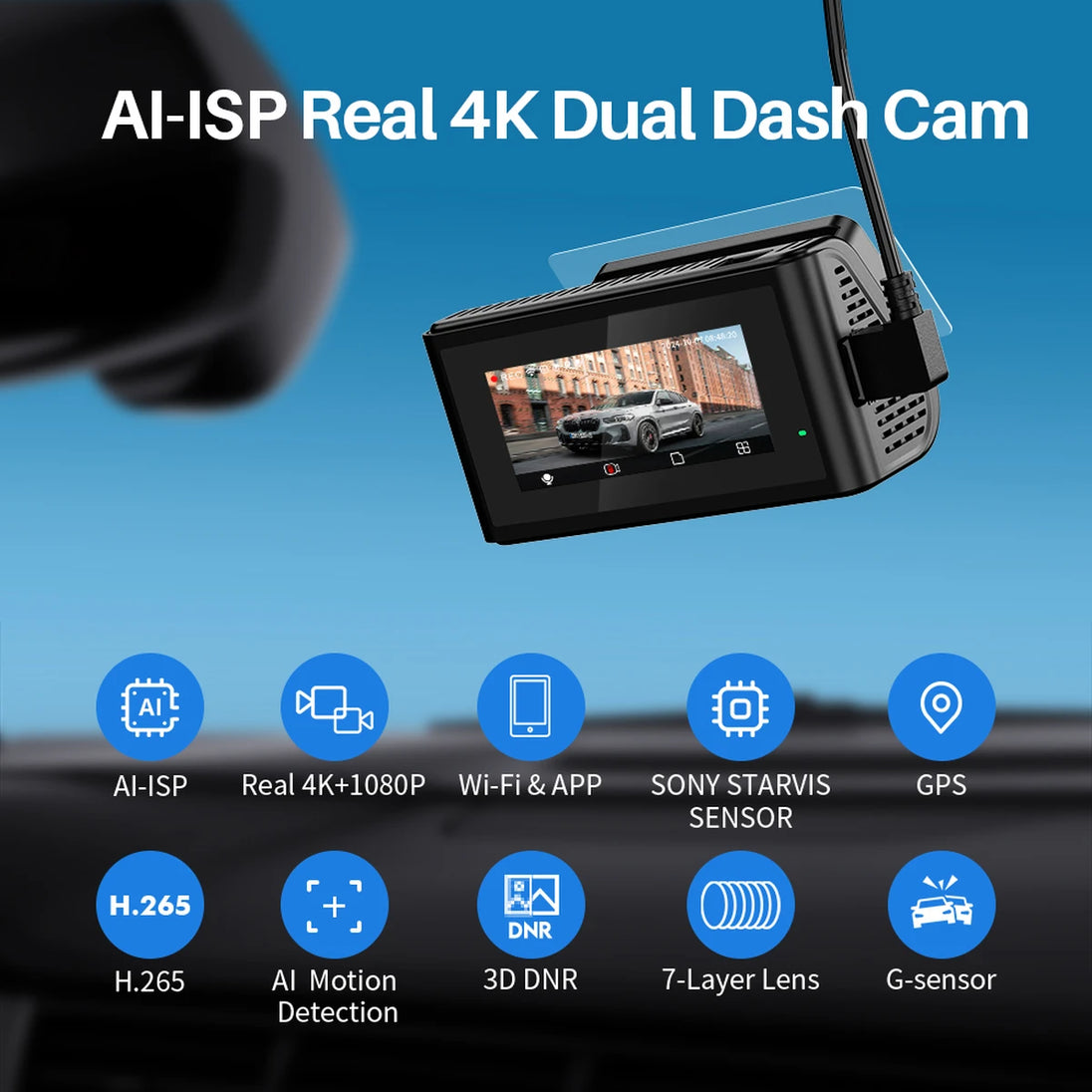 Front- und Rear-Dashcam 4K WiFi Auto-DVR GPS-Videorecorder AI-ISP Farbnachtsicht, Sony Starvis AUTO Dual Dashcam