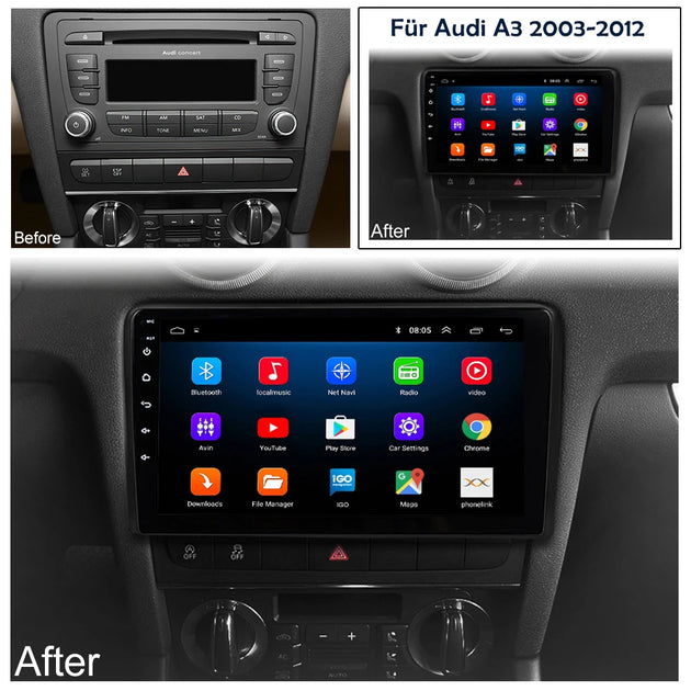 9 Zoll Android 13.0 Autoradio für Audi A3 S3 RS3 2003-2012 mit Wireless CarPlay & Android Auto