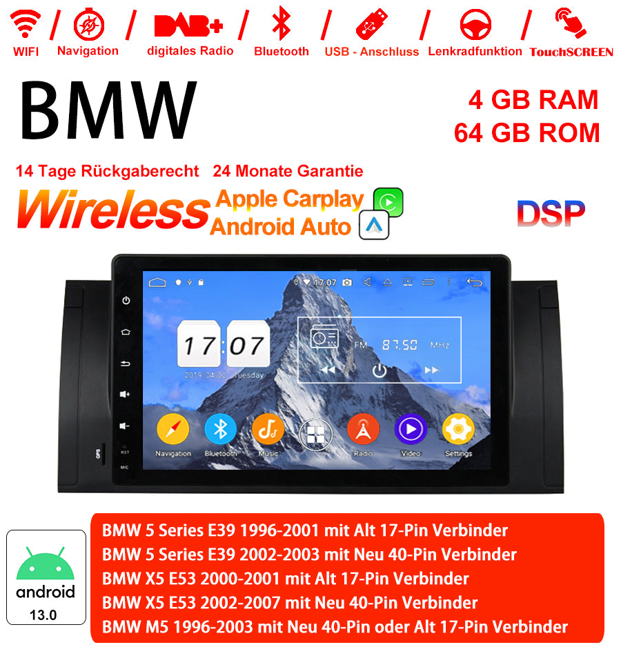 Android Autoradio für BMW 5er E39, X5 E53 und M5 E39 1996-2007 mit Wireless CarPlay, Android Auto & DAB+