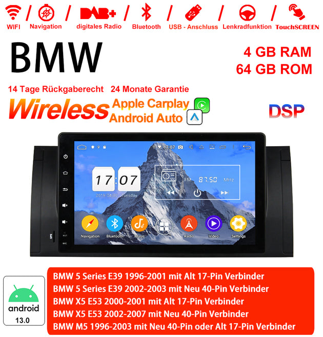 Android Autoradio für BMW 5er E39, X5 E53 und M5 E39 1996-2007 mit Wireless CarPlay, Android Auto & DAB+