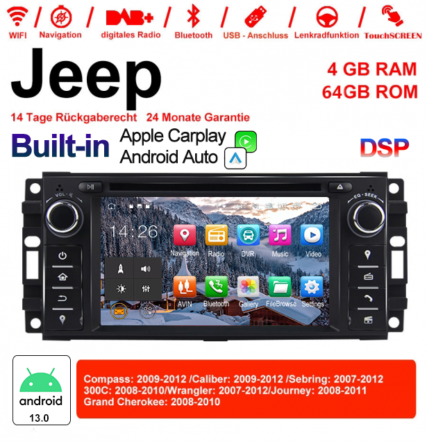 Android Autoradio für Jeep Wrangler/Compass/Caliber/Sebring/Journey (2007-2012) mit Wireless CarPlay & Android Auto
