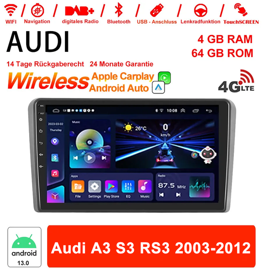 9 Zoll Android 13.0 Autoradio für Audi A3 S3 RS3 2003-2012 mit Wireless CarPlay & Android Auto