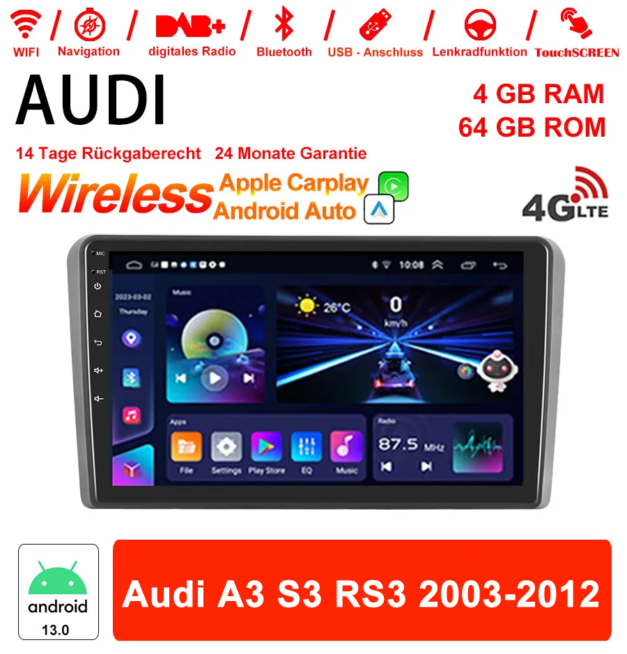 9 Zoll Android 13.0 Autoradio für Audi A3 S3 RS3 2003-2012 mit Wireless CarPlay & Android Auto