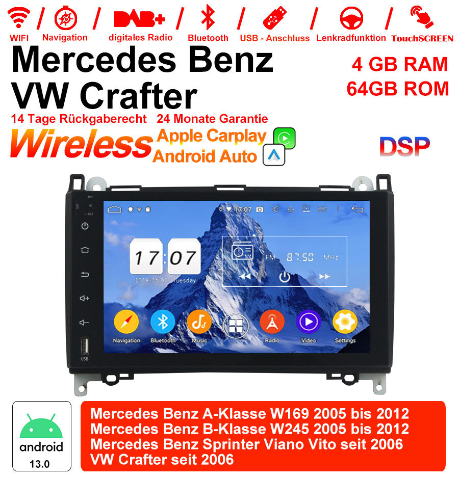 Android Autoradio für Mercedes Benz A-Klasse W169, B-Klasse W245 und Vito 2005-2012 mit Wireless CarPlay, Android Auto & DAB+