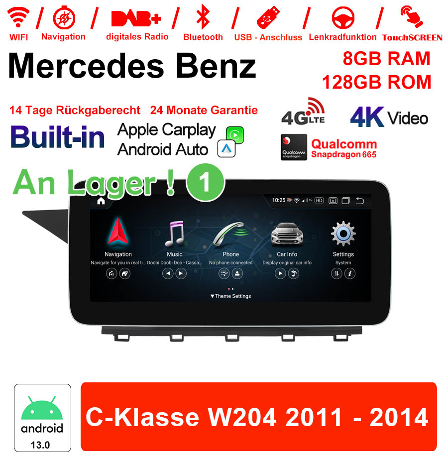 Android Autoradio für Mercedes Benz C-Klasse W204 2011-2014 mit Wireless CarPlay, Android Auto & DAB+