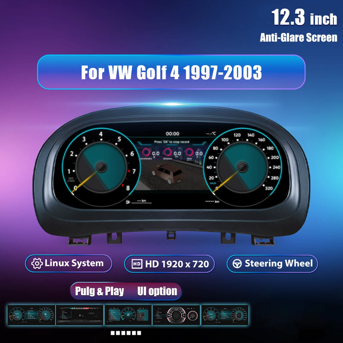 12.3'' LCD Digital Kombiinstrument für VW Golf 4 Jetta MK4 Bora 1997-2005 – Virtuelles Instrumentenpanel