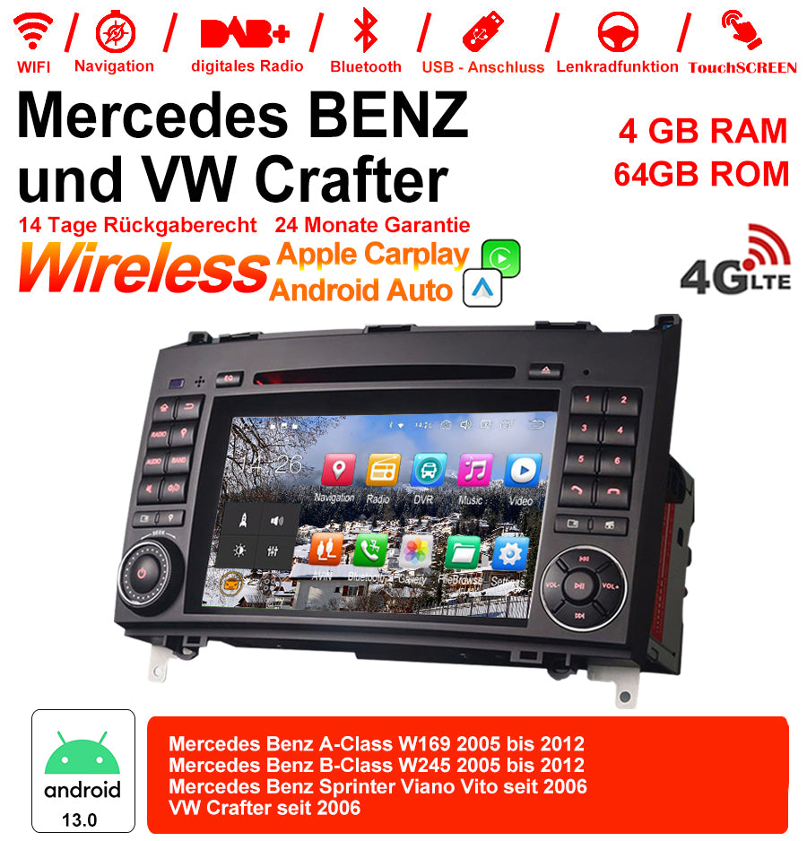 Android Autoradio für Mercedes Benz A-Klasse W169, B-Klasse W245 und Vito 2005-2012 mit Wireless CarPlay, Android Auto & DAB+