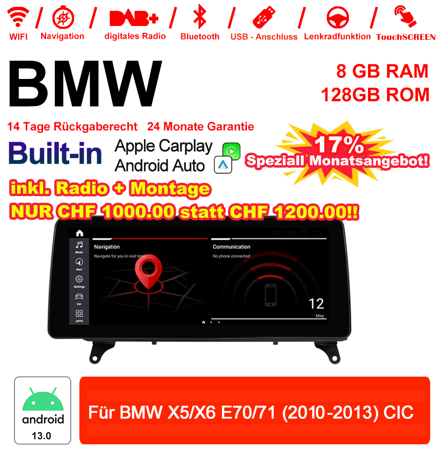 Android Autoradio für BMW X5 E70 und X6 E71 2010-2013 mit Wireless CarPlay, Android Auto & DAB+
