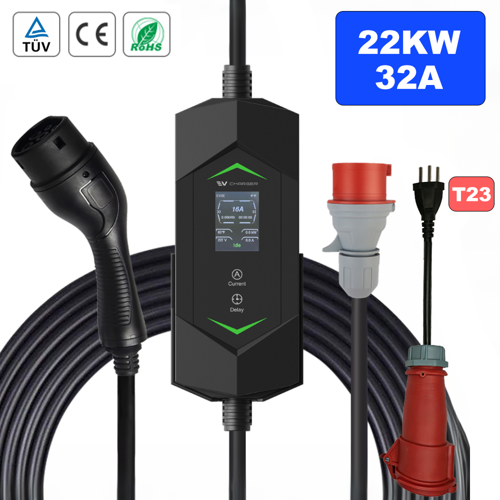 Mobiles EV Ladegerät Typ 2 | 22 kW | LCD | IP65 | TÜV & CE zertifiziert