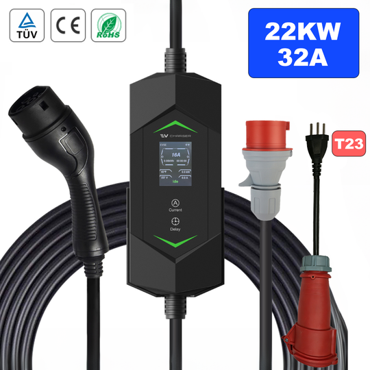 Mobiles EV Ladegerät Typ 2 | 22 kW | LCD | IP65 | TÜV & CE zertifiziert