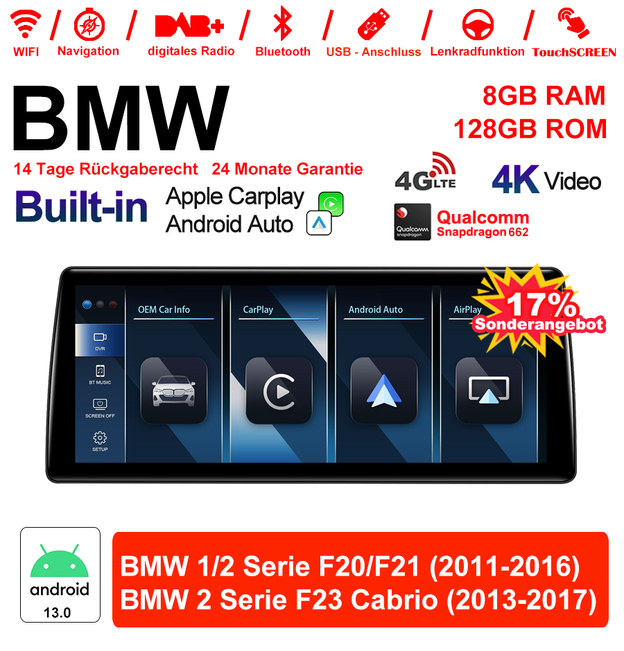 BMW 1er 2er F20 F21 F23 Android Autoradio 10.25 / 12.3 Zoll mit Wireless CarPlay