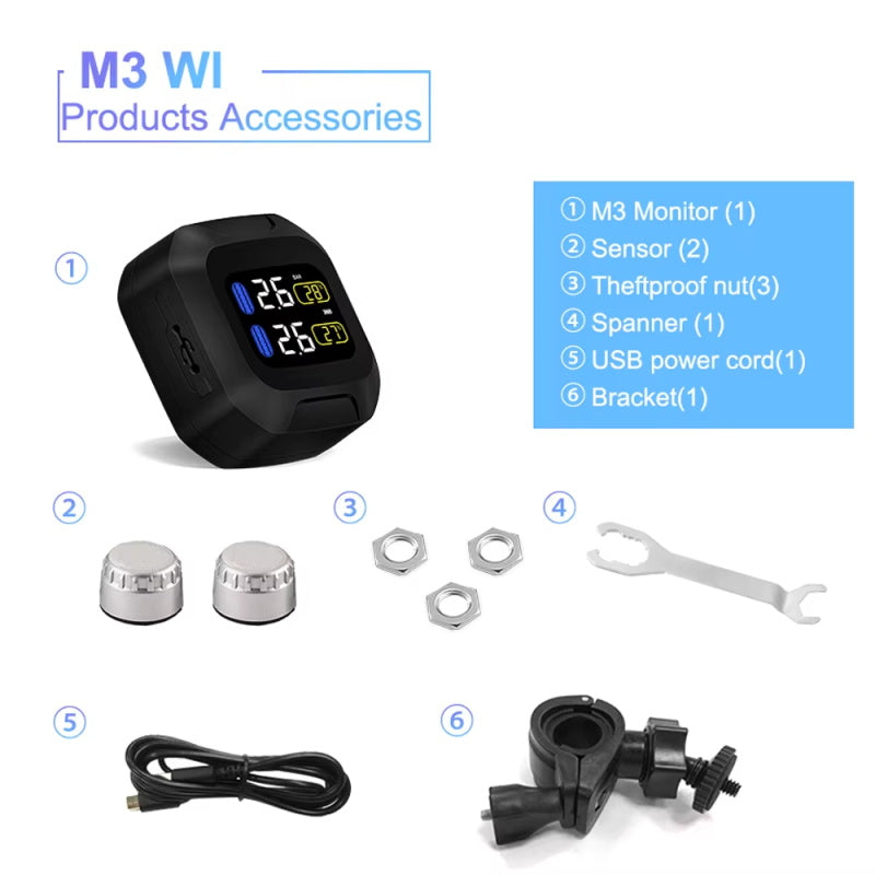 M3 Moto Wasserdichte Motorrad Echtzeit Tire Pressure Monitoring System TPMS Drahtlose LCD Display Externe Sensoren