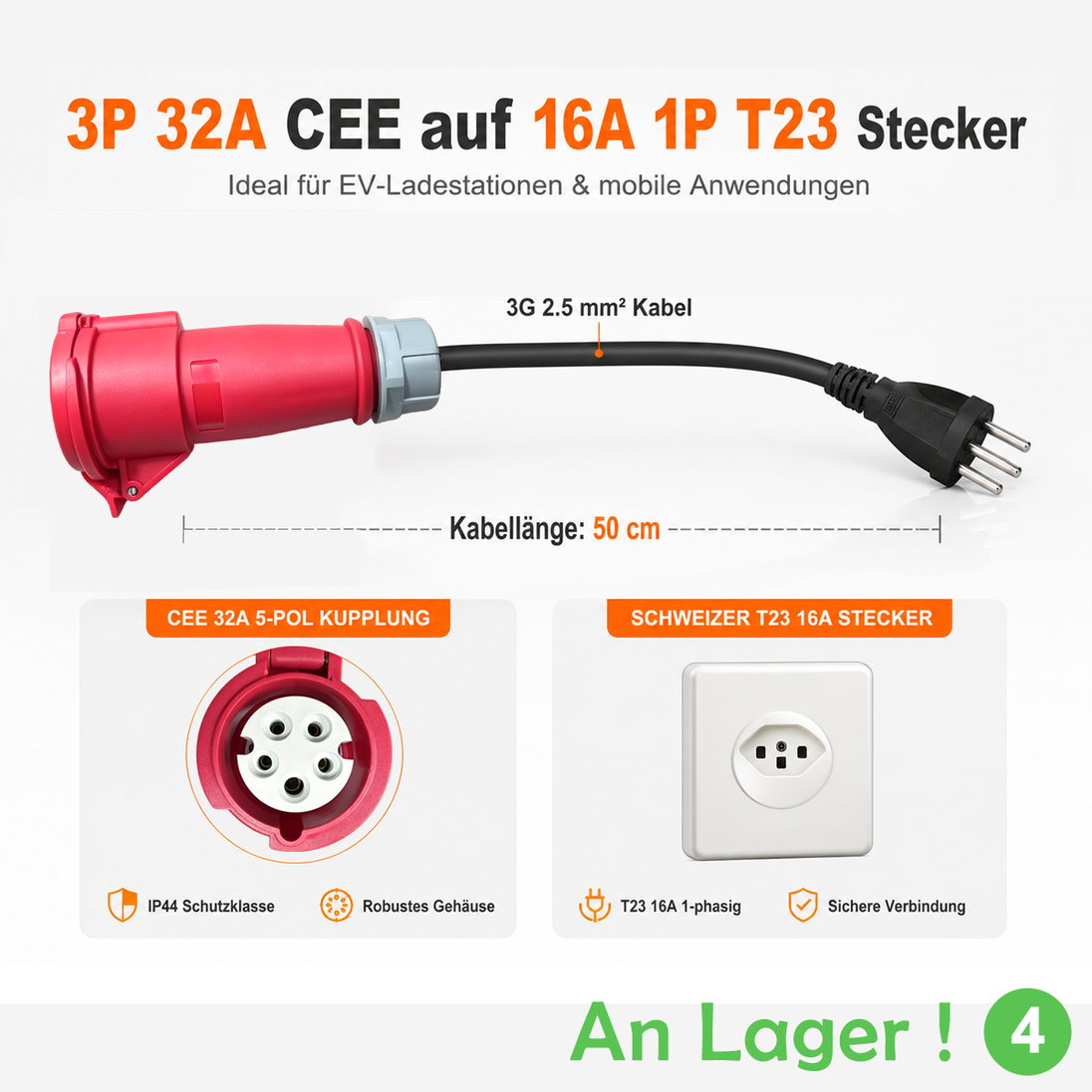 32A 3 Phasen CEE auf Schweizer T23 Adapterkabel für 16A Steckdose und EV Ladegeräte