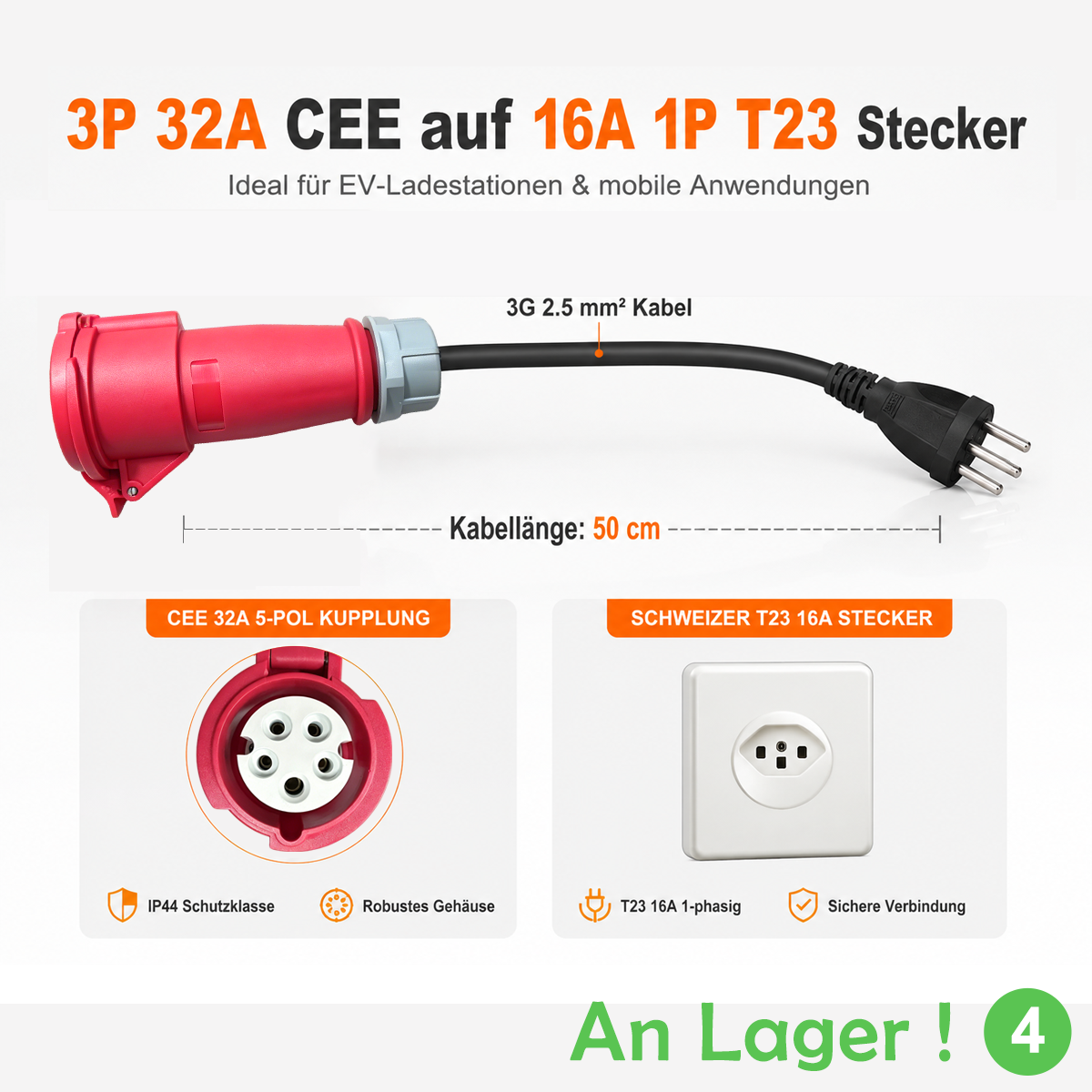 32A 3 Phasen CEE auf Schweizer T23 Adapterkabel für 16A Steckdose und EV Ladegeräte