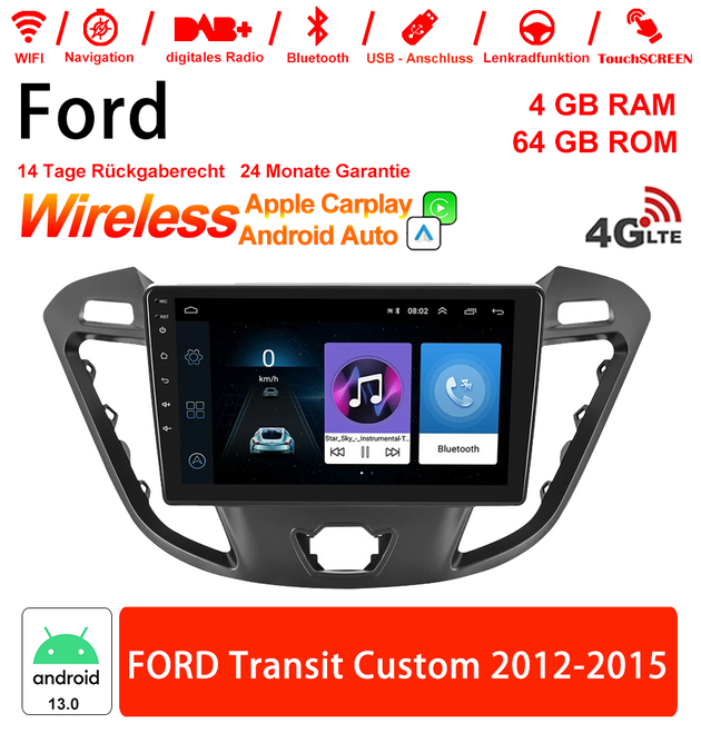 Android Autoradio für Ford Transit Custom 2012–2015 mit 9-Zoll-Display, Android 13.0 und 4G LTE