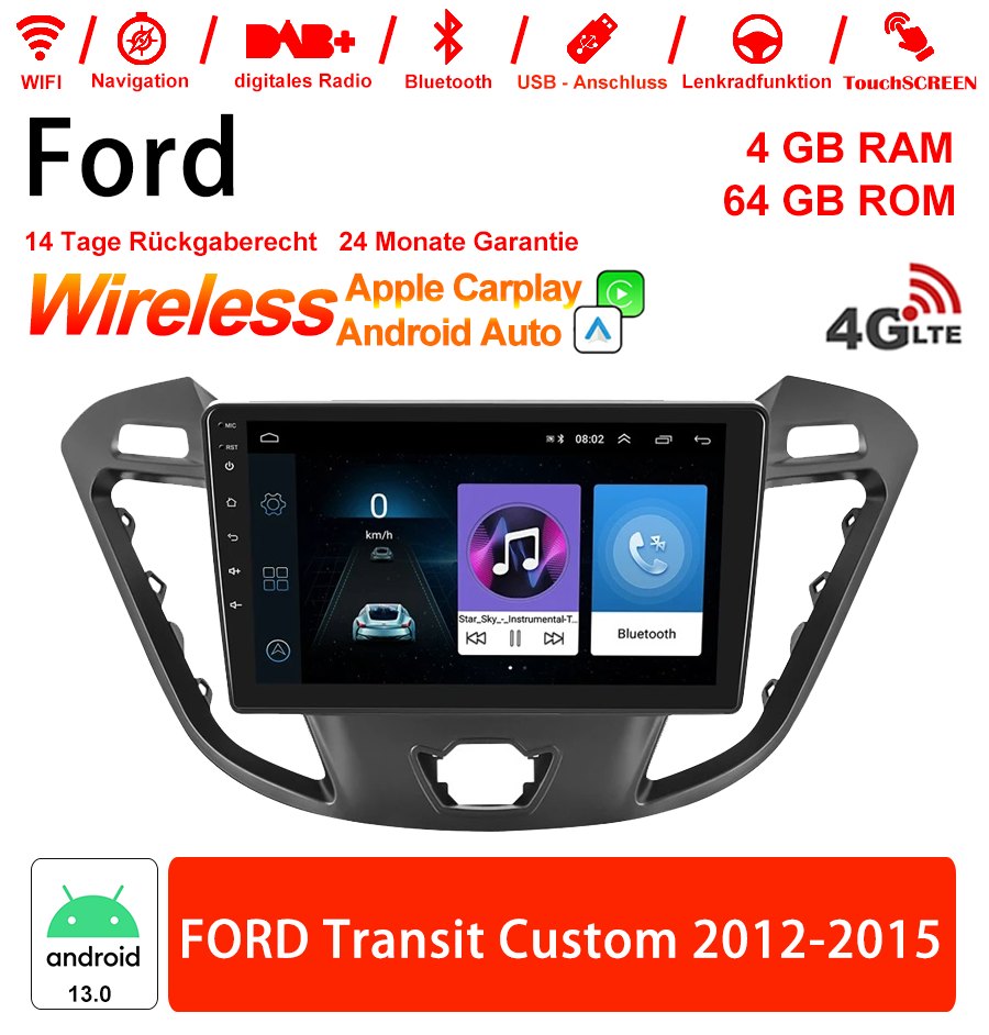 Android Autoradio für Ford Transit Custom 2012–2015 mit 9-Zoll-Display, Android 13.0 und 4G LTE