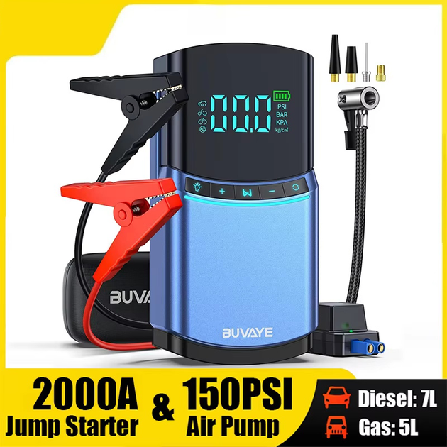 4 in 1 Auto Starthilfe Luftpumpe 150PSI Reifenkompressor 2000A Startergerät 10000 mAh Power Bank Digitale...