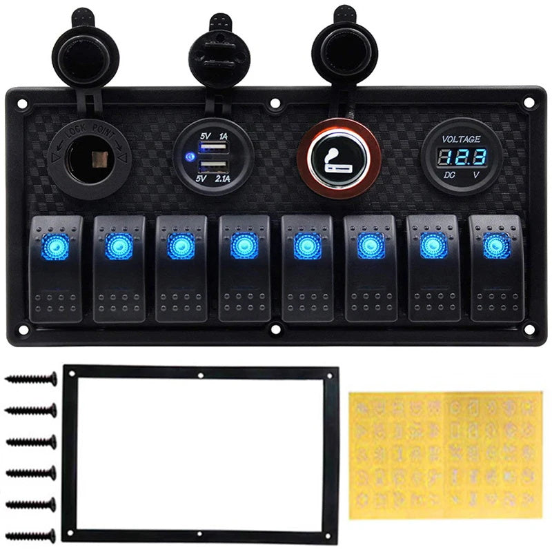 8 Gang Wipp schalter Panel Leistungs schalter überlast geschütztes Voltmeter 12V 24V DC USB Ladegerät Port RV Auto Boot Marine blau LED
