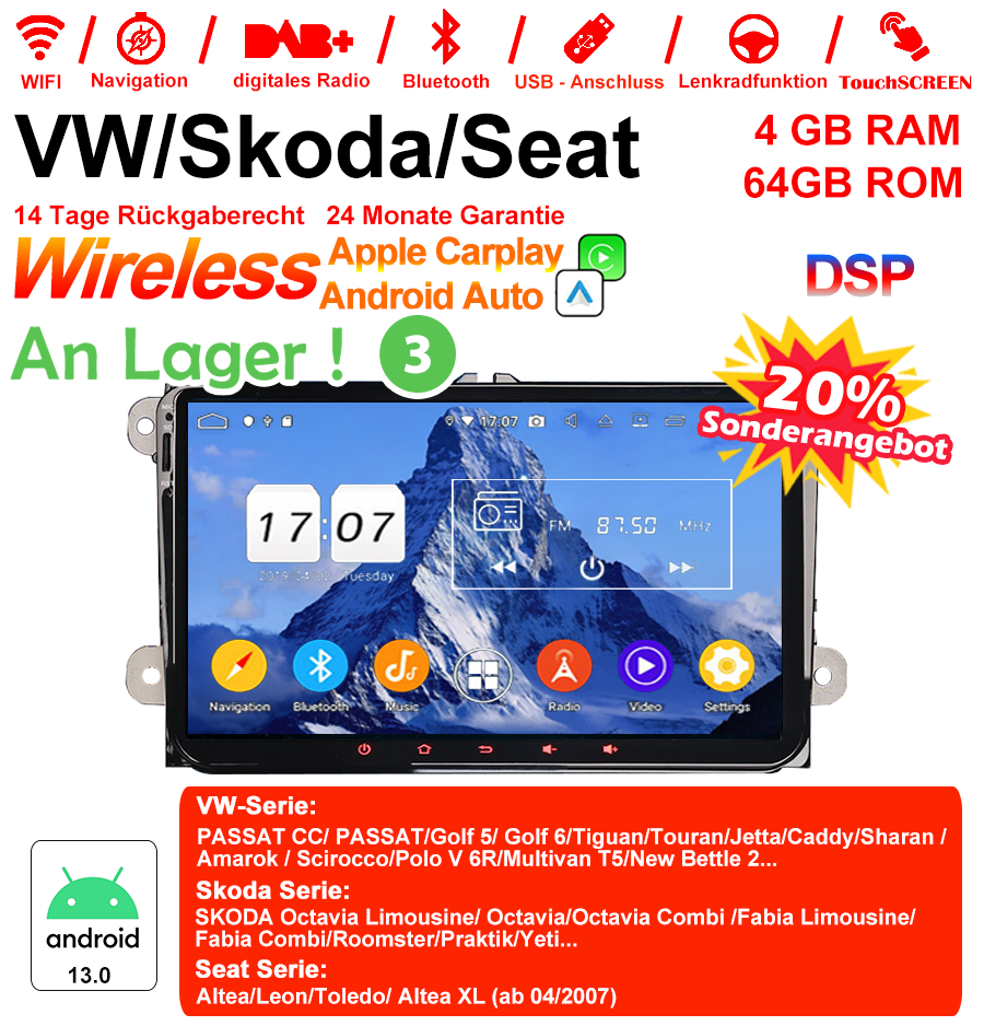 Android Autoradio für VW Passat / Golf / Tiguan / Touran, Skoda Octavia / Fabia, SEAT Leon / Altea 2003-2013 mit Wireless CarPlay & Android Auto
