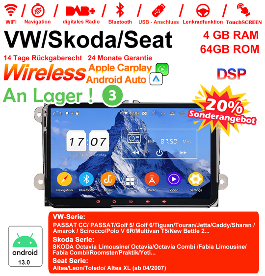 Android Autoradio für VW Passat / Golf / Tiguan / Touran, Skoda Octavia / Fabia, SEAT Leon / Altea 2003-2013 mit Wireless CarPlay & Android Auto