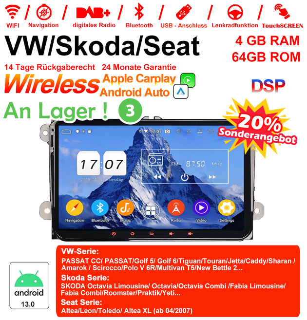 Android Autoradio für VW Passat / Golf / Tiguan / Touran, Skoda Octavia / Fabia, SEAT Leon / Altea 2003-2013 mit Wireless CarPlay & Android Auto